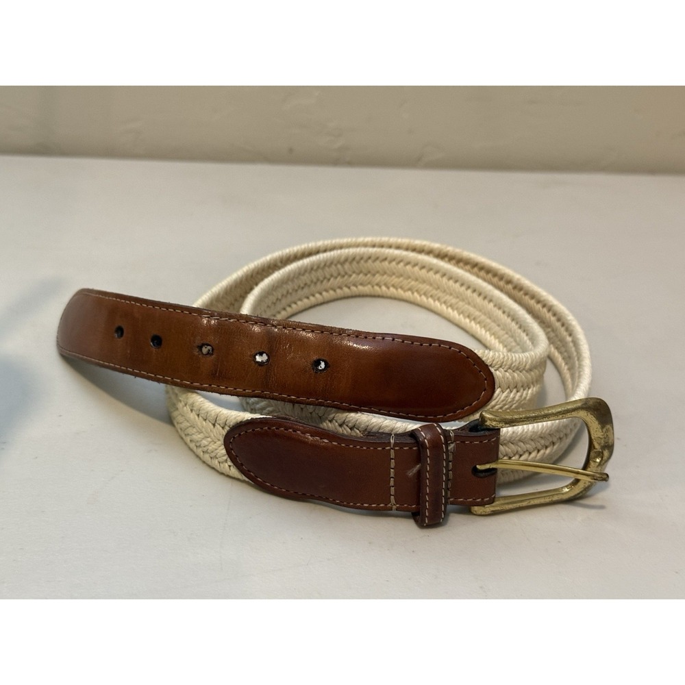 Vintage Torino brown leather belt 40 Solid Brass Buckle Woven‎ Beige Braided